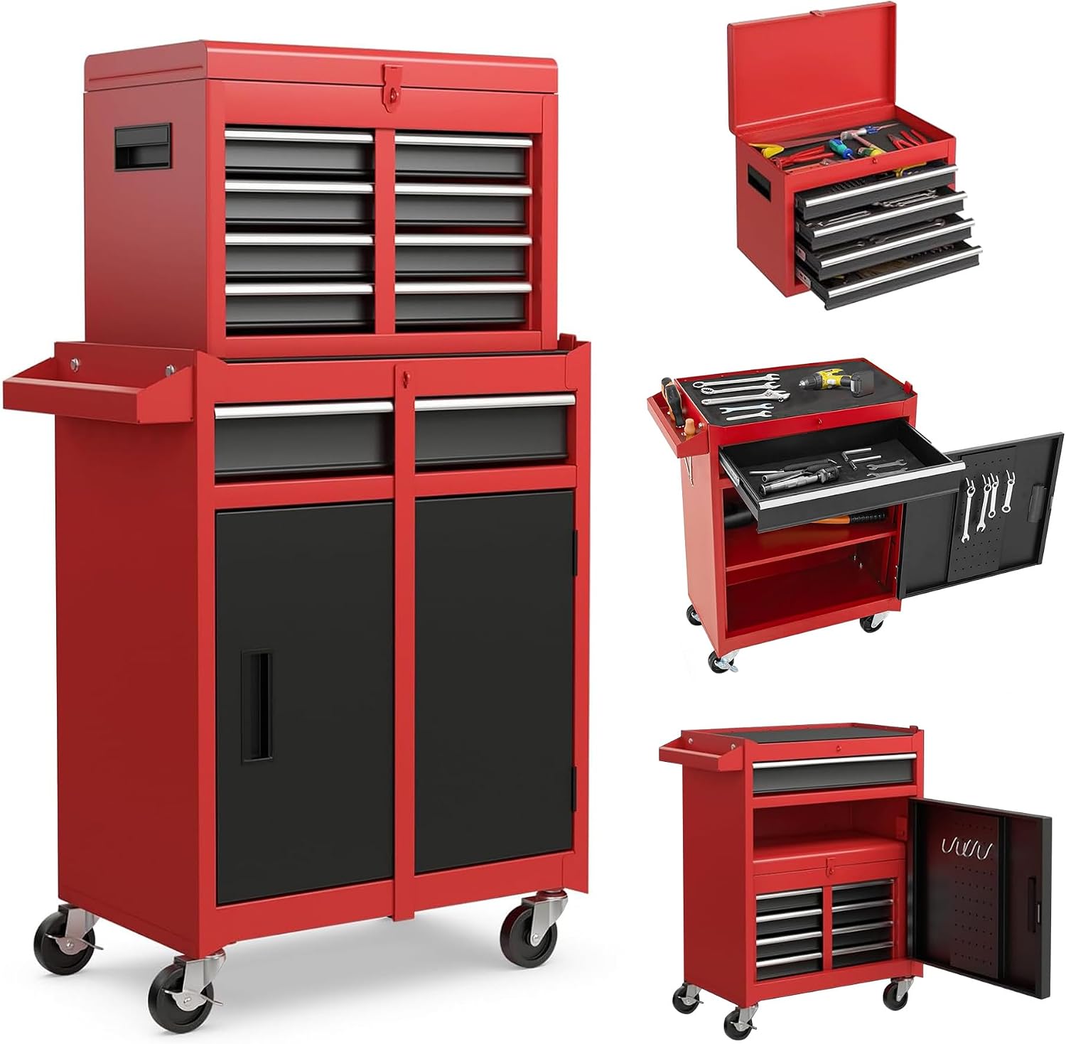 5-Drawers Large Tool Chest Tool Box Organizer with Lockable, 2-In-1 Detachable Tool Storage Cabinet with Wheels, Portable Expandable Tool Cart Toolbox with Drawers for Garage, Workstation, Workshop