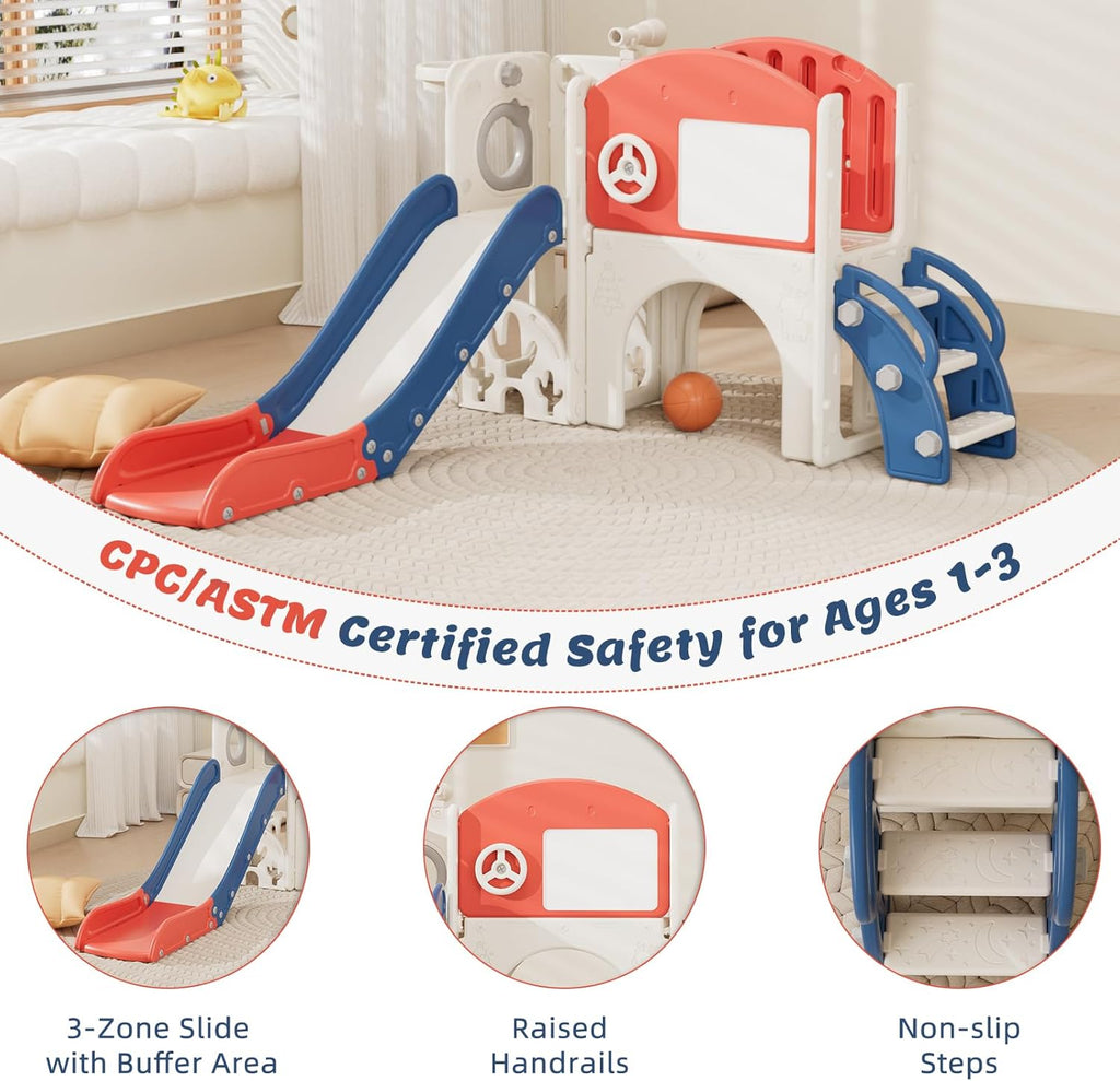 67i 10 in 1 Toddler Slide Playset for 1-3 Years - 1-Hour Easy Assembly, Sturdy Compact Design, Indoor/Outdoor Playground with Drawing Board, Golf & Climbing Skill Development (Red Blue)