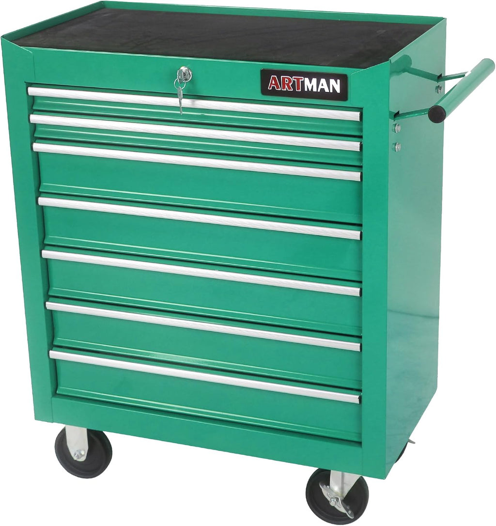 Rolling Tool Cart with 7 Drawers, Lockable Heavy-Duty Steel Tool Cabinet on Wheels, 1000 lb Capacity, Ball-Bearing Slides, Powder-Coated Finish, Garage Workshop Tool Storage Green