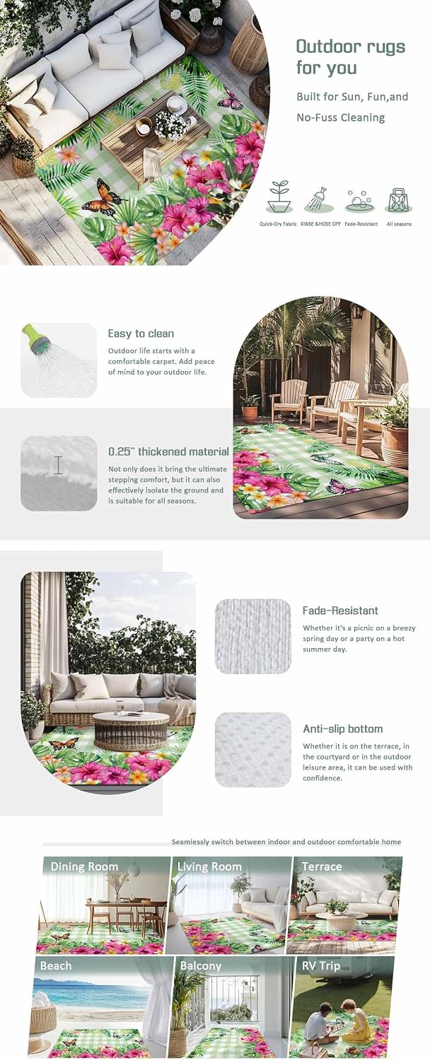 Outdoor Rug 4x6ft Tropical Plants Burmese Gardenia Flower Patio Area Rugs Waterproof Easy Cleaning Non Shedding Thick Mats Butterflies Carpet for Indoor Outdoor Porch Deck Backyard Balcony