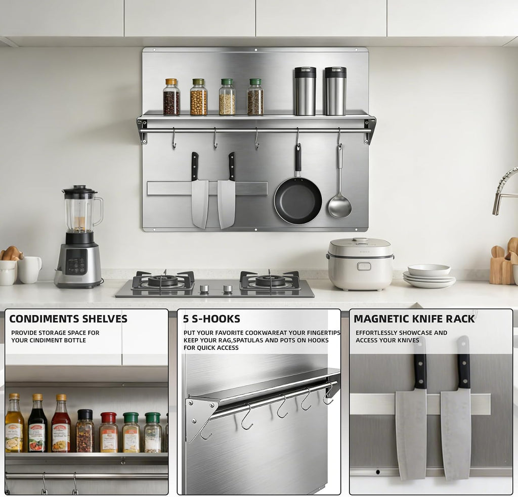 Range Backsplash – 36'x30' Stainless Steel Backsplash with Storage Shelf & Magnetic Knife Holder, Stove Backsplash for Kitchen Wall Protection, Pre-Drilled Holes for Easy Installation & Easy Clean