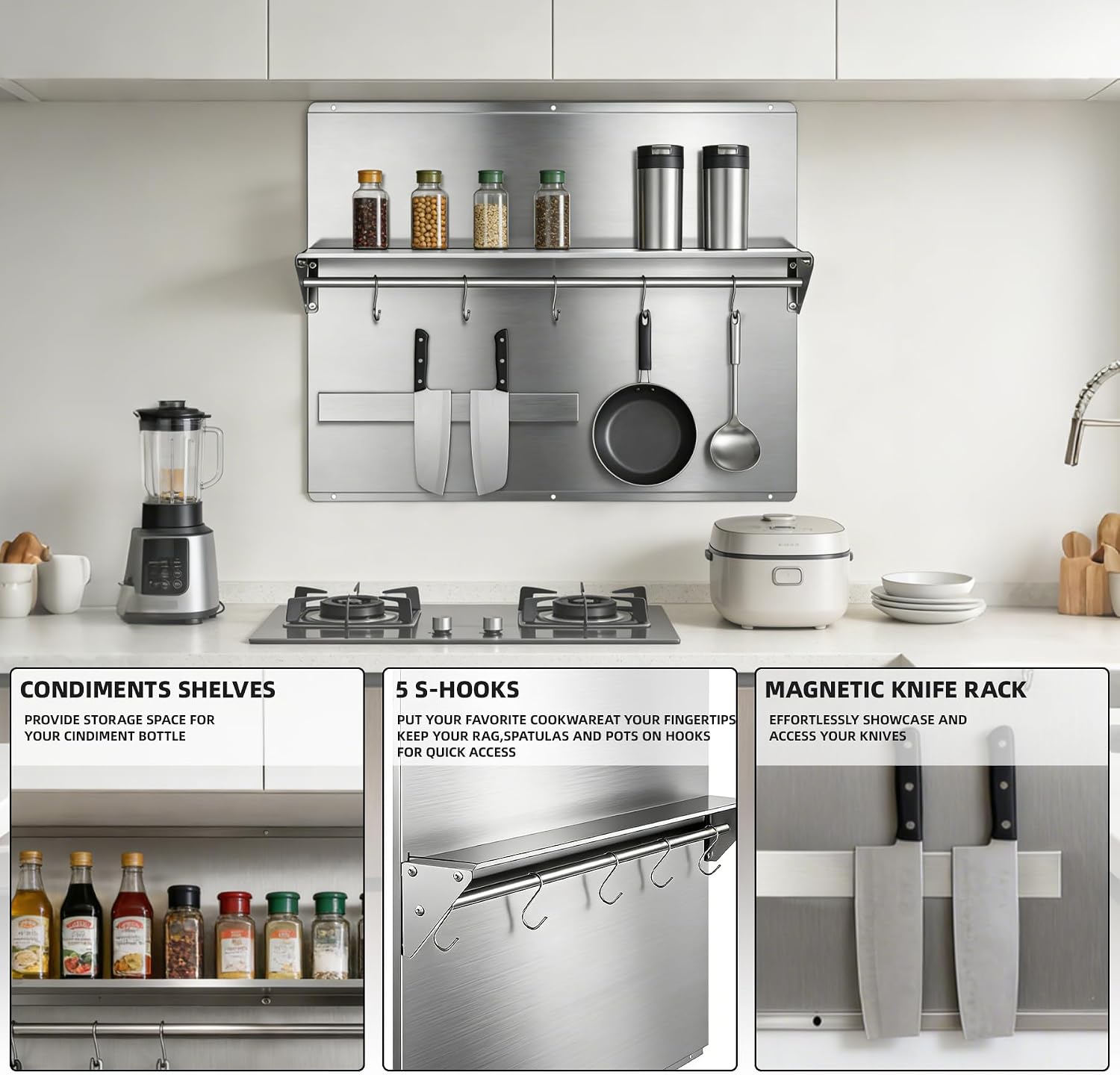 Range Backsplash – 36'x30' Stainless Steel Backsplash with Storage Shelf & Magnetic Knife Holder, Stove Backsplash for Kitchen Wall Protection, Pre-Drilled Holes for Easy Installation & Easy Clean