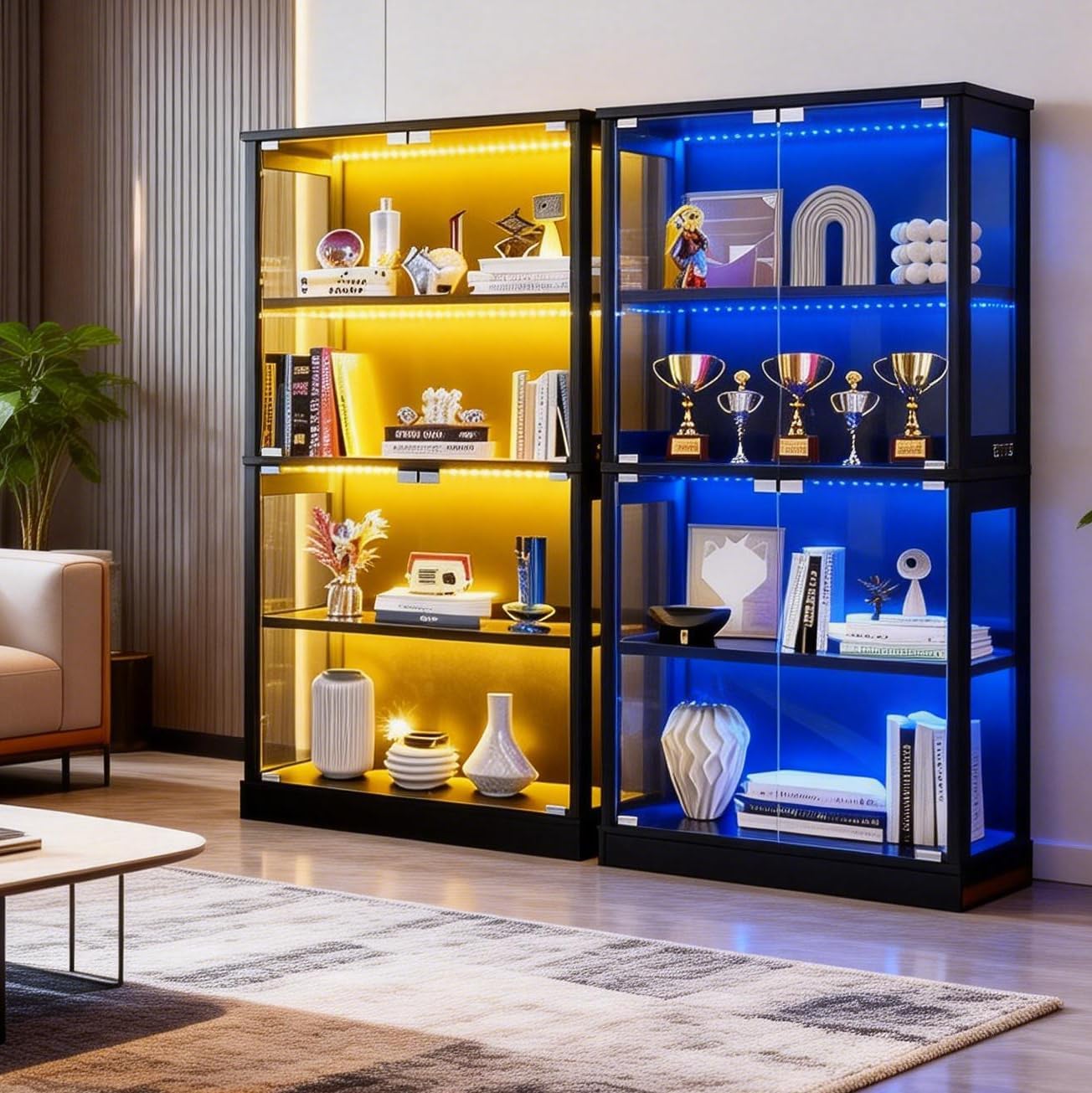 Glass Display Cabinet 2pcs, 65' Tall Display Case with RGB Lights Curio Cabinet with Glass Doors 4-Tier LED Storage Cabinet with Human Body Sensor & Press-To-Open for Collectibles Book Figure(Black)