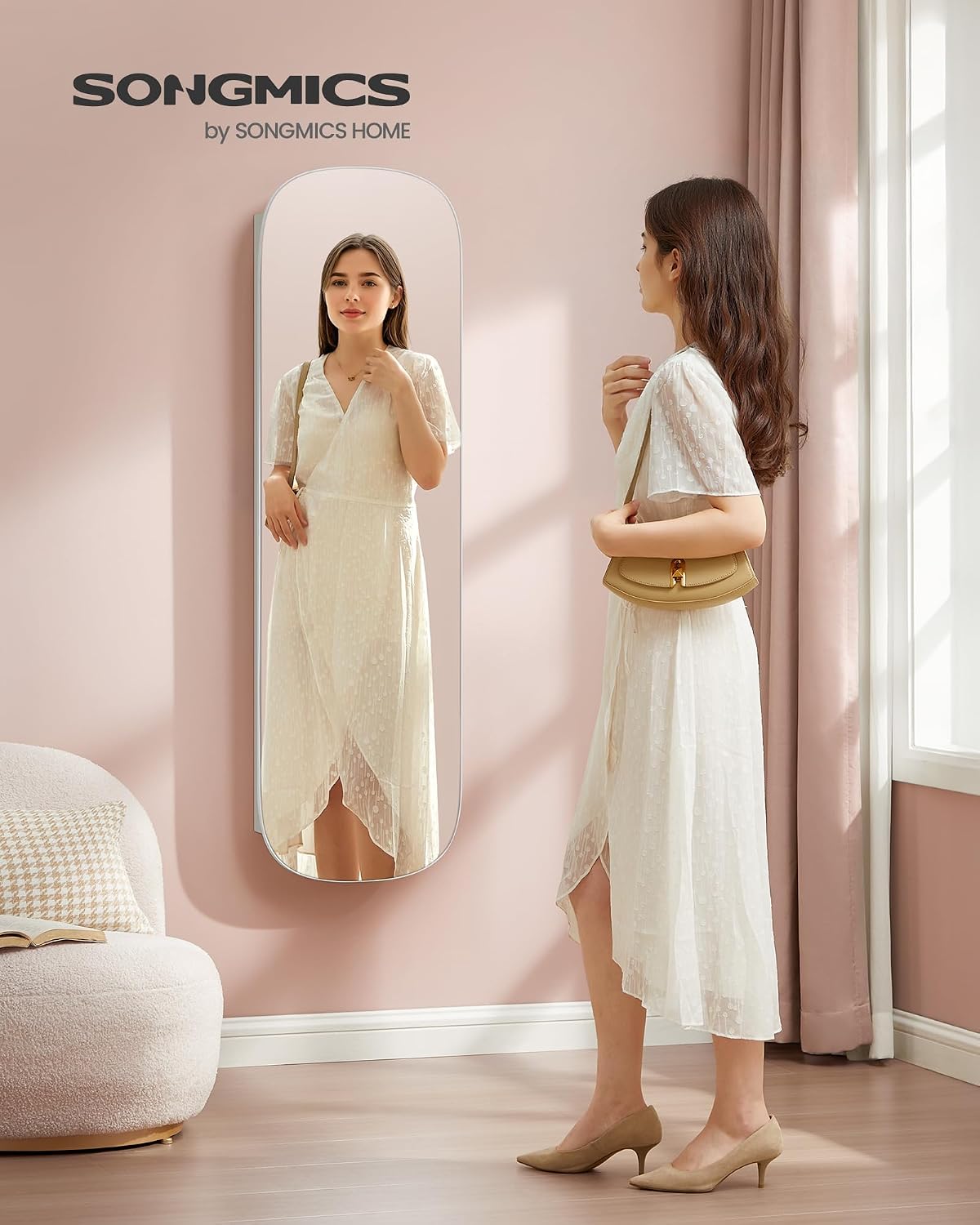 SONGMICS Jewelry Organizer, LED Jewelry Cabinet Wall/Door Mounted, Lockable Rounded Wide Mirror with Storage, Interior Mirror, 3.9 x 16.5 x 55 Inches, White Surface with Greige Lining