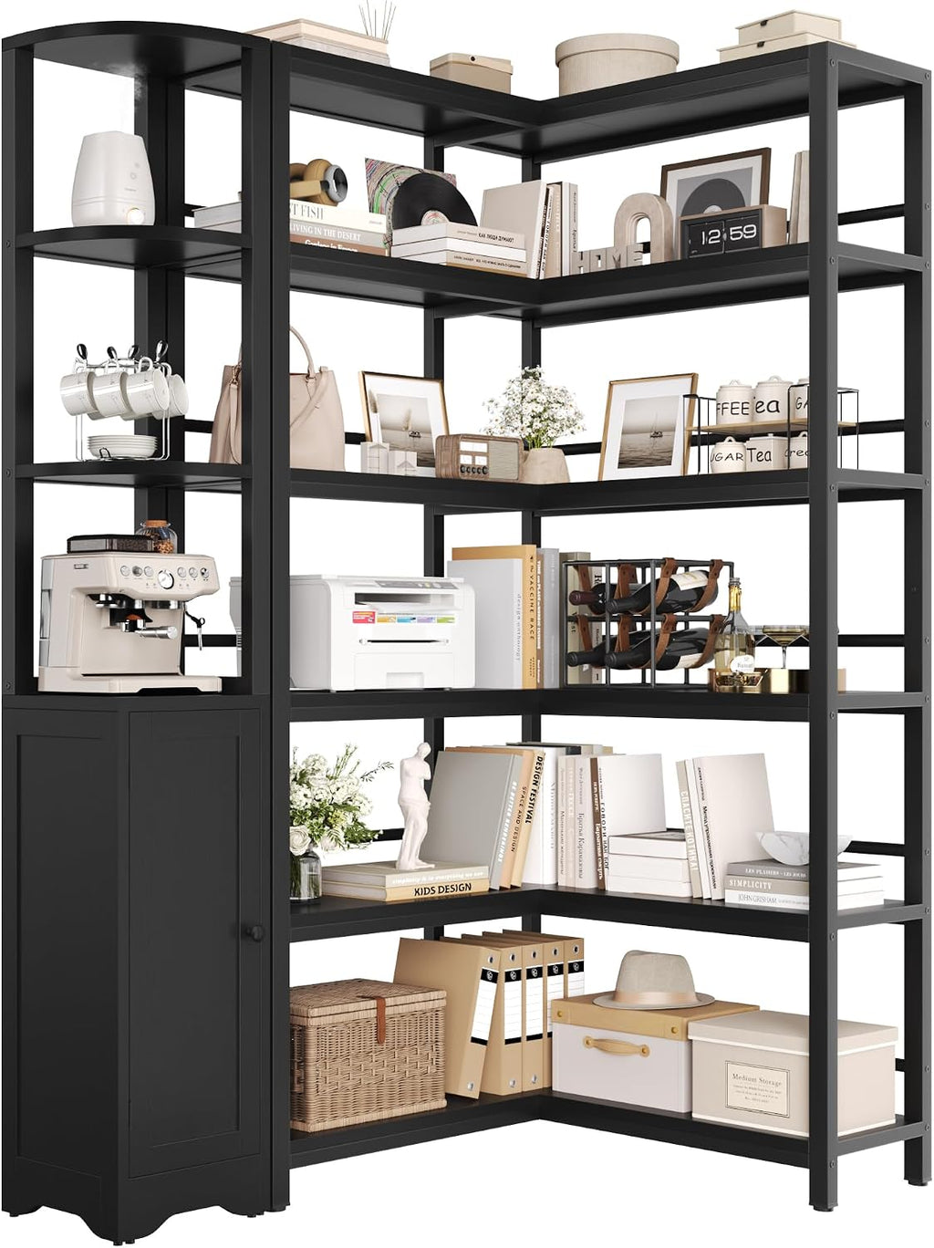 Keyluv Black Corner Bookshelf 72' Tall Corner Book Shelves Cases 2 Pieces Open Bookcase Large Storage Display Shelf Standing 6 Tier Shelving Unit with Cabinet for Home office Living Room, Wood & Metal