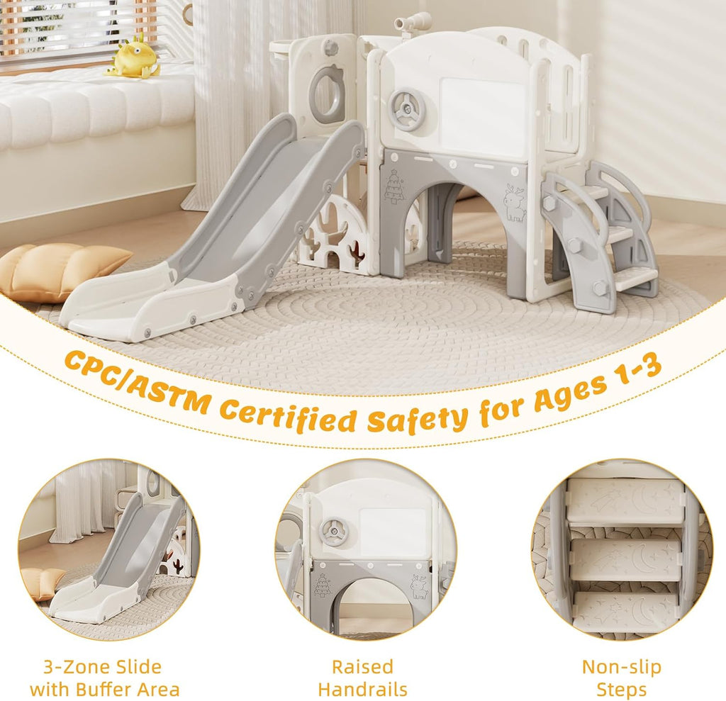 67i Indoor Toddler Slide with Drawing Board, Golf Set, Basketball Hoop - Kids Playground for 1-3 Year Olds, Non-Slip Steps & Storage Space (White Gray)