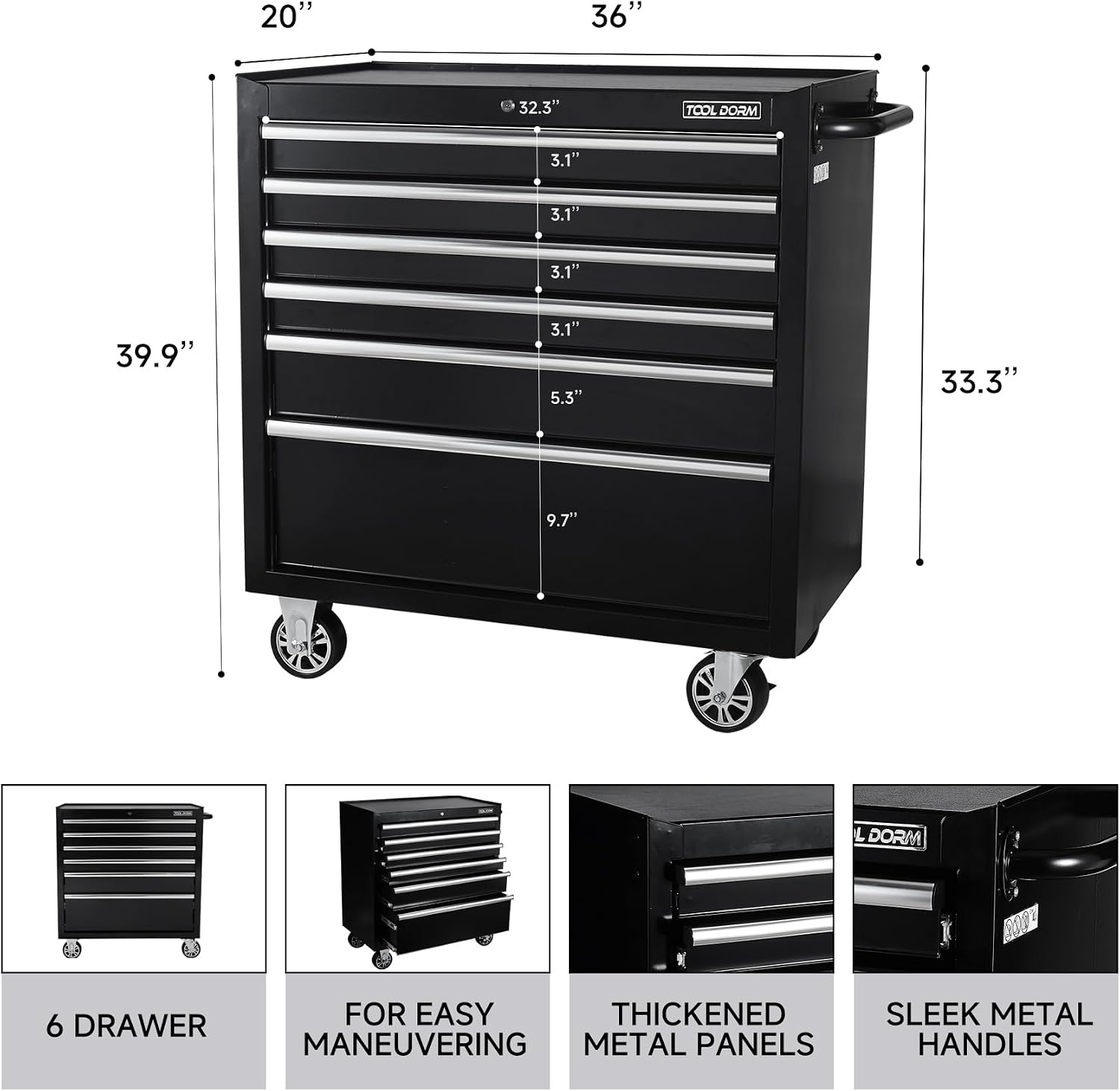 Tool Chest, 6 Drawers Rolling Tool Cabinet, Lockable Wheels, Ball Bearing Sliders, Black Powder Coating, Metal Tool Storage Cart, Suitable for Garage, Warehouse, Workshop