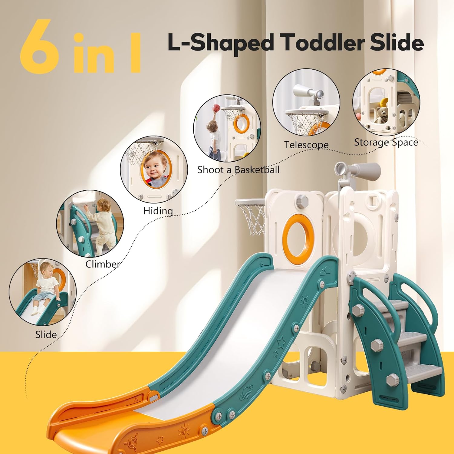 6 in 1 Toddler Playset with Slide,Toddler Slide,Slide for Kids with Basketball Hoop,Ball,Ring Toss,Kids Slide Toddler Playground Toddler Slide Indoor Outdoor Toys