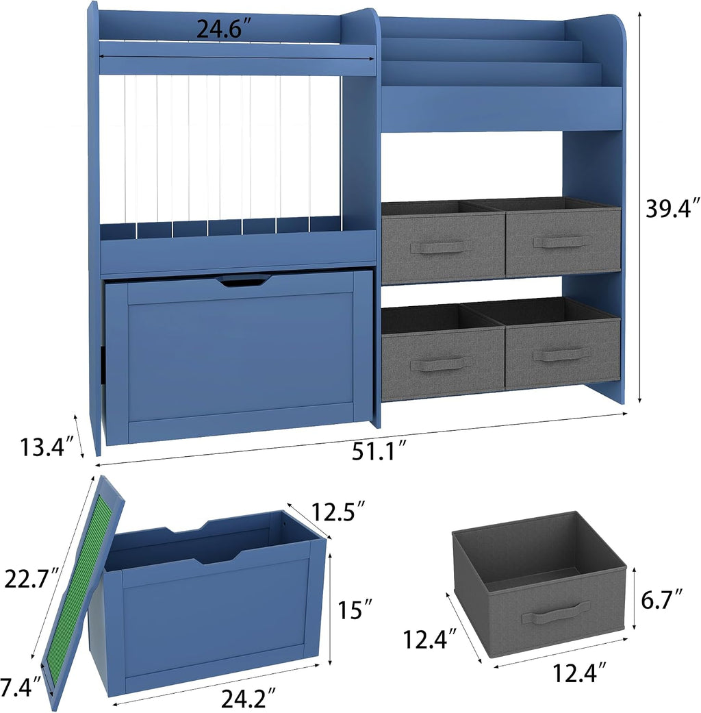 51.1' W Toy Storage Organizer with Stuffed Animal Storage, Kids Bookshelf with 4 Removable Bins, Movable Toy Box with Buildable Baseplate Lid Compatible with Lego Bricks, Ideal for Kids Room Playroom