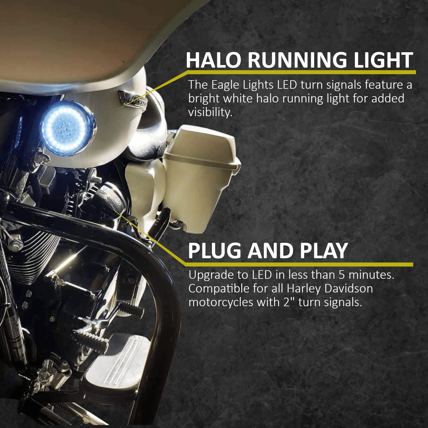 Eagle Lights 8748TS-C-EE 2' Front LED Turn Signals with White Halo Running Lights Compatible With Harley Davidson® Motorcycles - Generation I / 1157 Base/Add Clear Lenses/Add Load Equalizer
