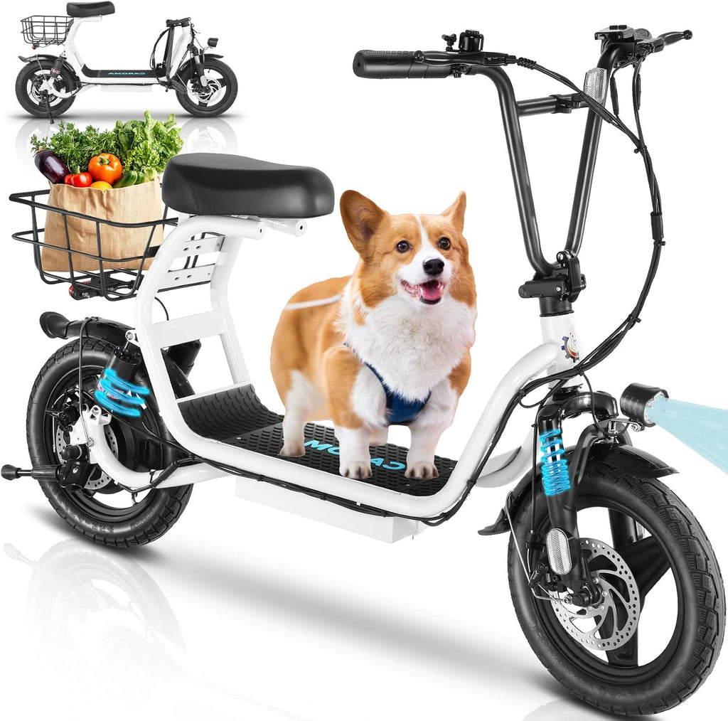 Caroma Peak 800W/1200W Electric Scooter with Seat, Max 20/30Miles&20MPH, 14' Tires Foldable Adult Electric Scooter with Basket for Pets & Cargo, Dual Shock Absorbing EScooter for Commuting