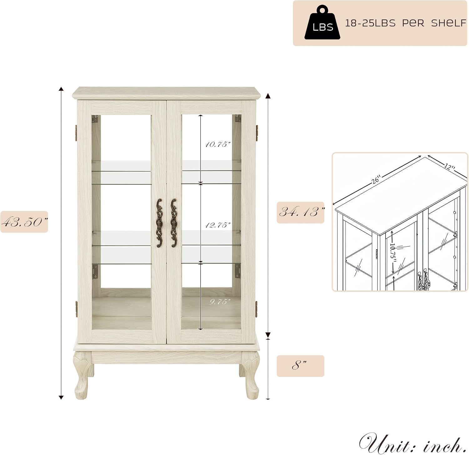 44' Small Lighted Glass Accent Curio Cabinet, Vintage China Cage with 2 Tempered Glass Doors & Adjustable Shelves, Acrylic Pane, Elegant Wine Artwork Showcase Rack for Living Room (Antique White)