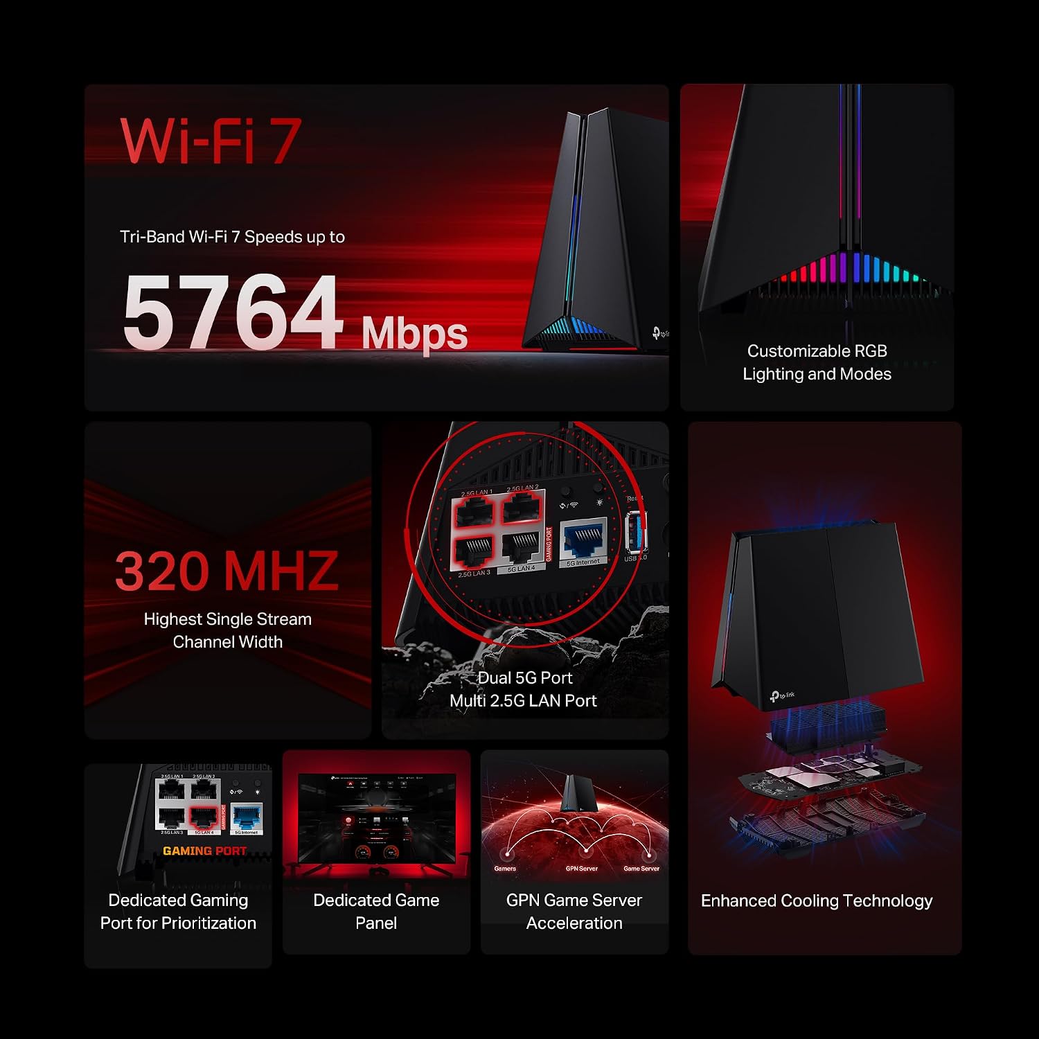 TP-Link Tri-Band BE11000 Wi-Fi 7 Gaming Router Archer GE650 | 6-Stream 11 Gbps supports 320MHz | 2×5G + 3×2.5G Ports USB 3.0 | Game Acceleration, Dedicated Gaming Port & Panel, RGB Lighting|HomeShield