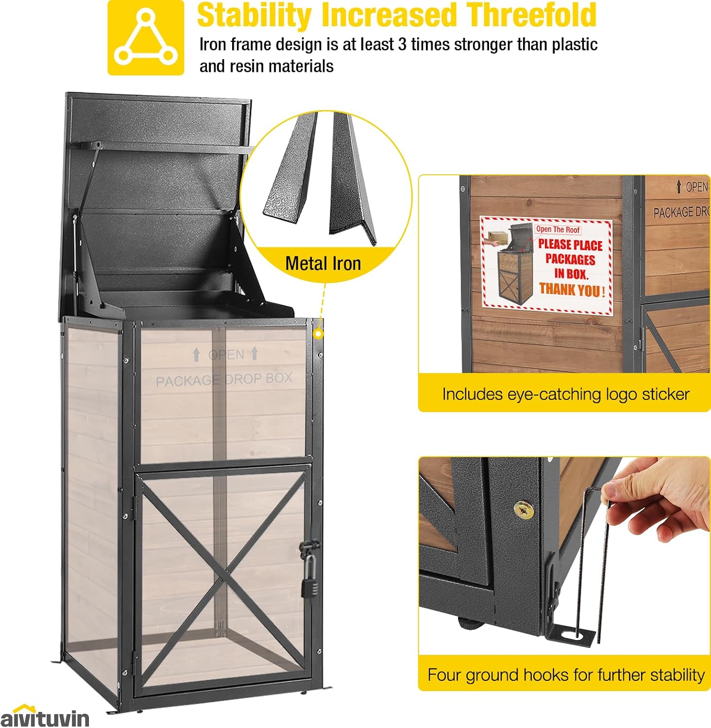 Aivituvin Package Delivery Box for Outside with Combination Lock | solid wood-iron frame, weatherproof, 10'x18'x18' parcel fit, one-way slot, lockable porch storage