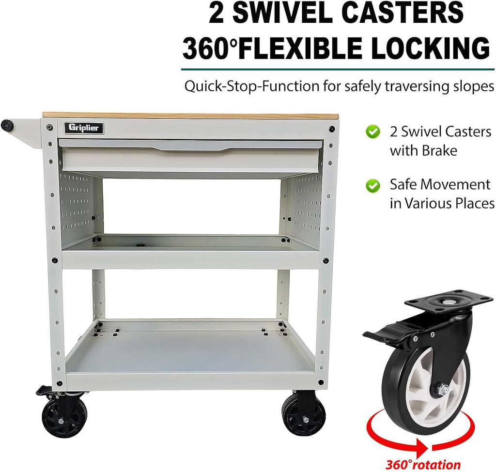Rolling Tool Cart, 3-Tier Workshop Storage, Black Metal Frame with Wooden Top Workbench, Heavy-Duty Wheels,330LB Load Capacity Organizer Cabinet for Garage, Warehouse, Repair Shop(White)