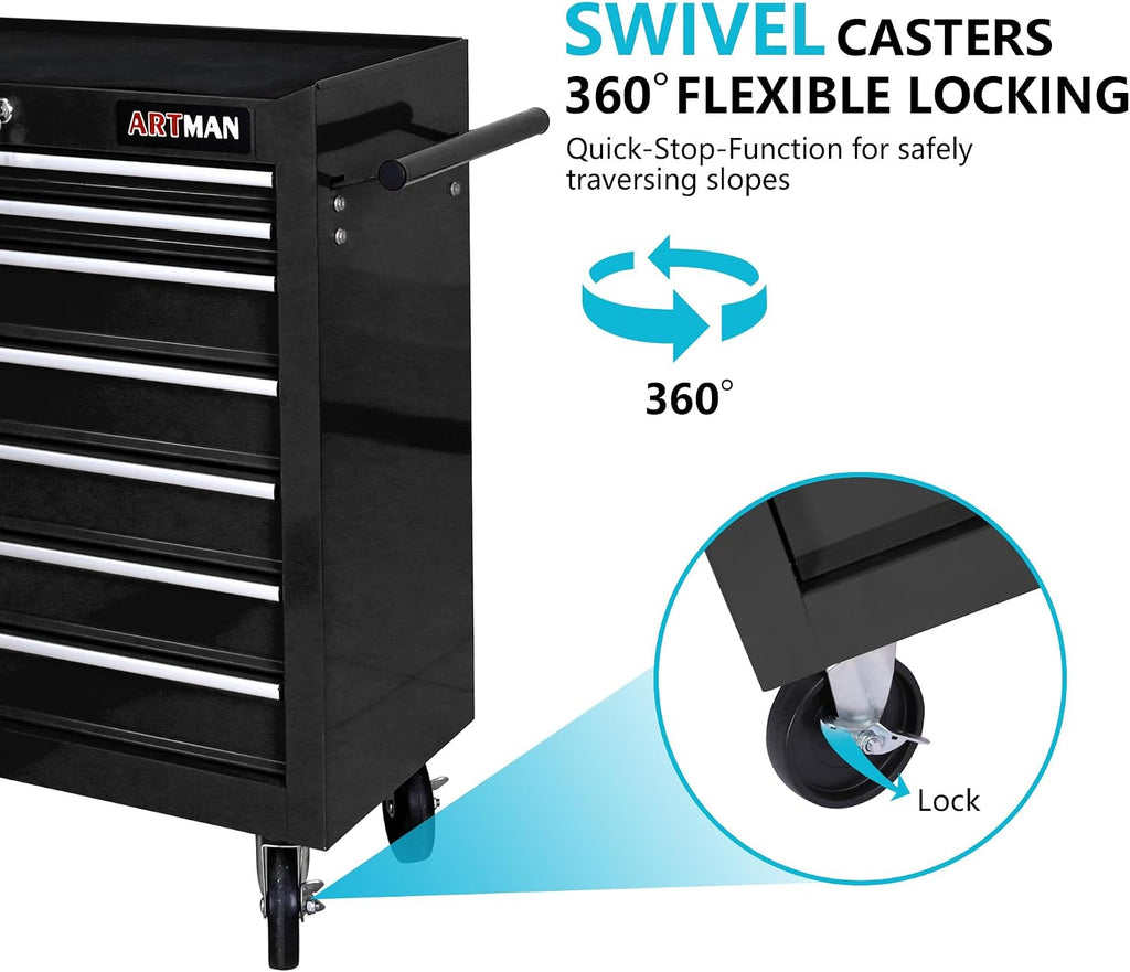 7 Drawers Tool Cart on Wheels, 7 Drawer Rolling Tool Chest with Key Lock, Trolley Organizer Tool Case, Multifunctional Rolling Tool Box for Garage,Warehouse,Workshop,Repair Shop (Black)
