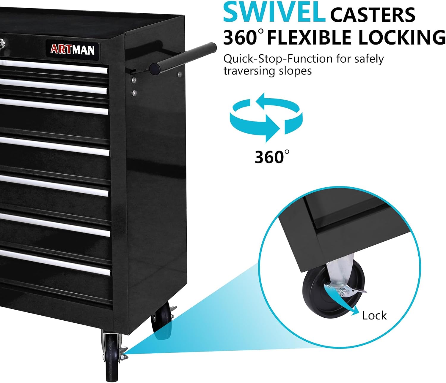 7 Drawers Tool Cart on Wheels, 7 Drawer Rolling Tool Chest with Key Lock, Trolley Organizer Tool Case, Multifunctional Rolling Tool Box for Garage,Warehouse,Workshop,Repair Shop (Black)