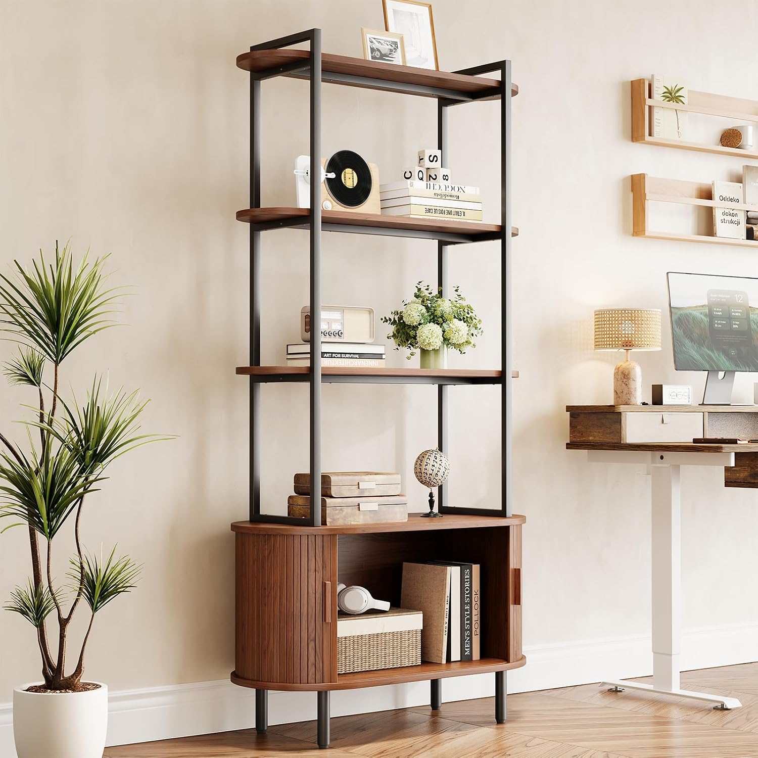 5 Tier Tall Bookshelf with Cabinet, Fluted Bookcase with Sliding Door, Metal and Wood Display Shelf, Free Standing Storage Shelving Unit, Corner Storage Organizer for Living Room, Home Office, Walnut