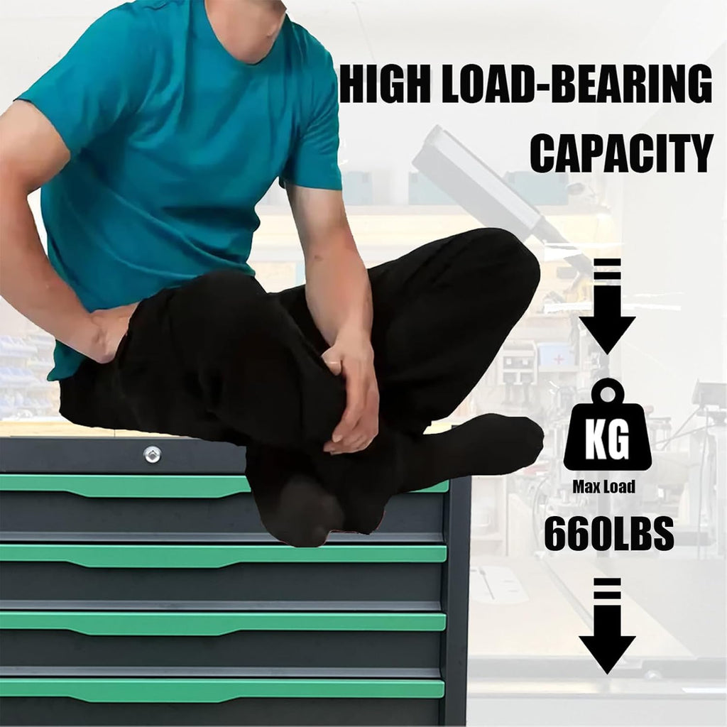 7-Drawer Tool Chest with Wood Top, 31.3W x 18.9D x 32.3H inches, Black and Green，Locking Rolling Tool Box with Wheels,Mechanic Tool Cabinets for Garage, Warehouse,Repair Shop,Workshop