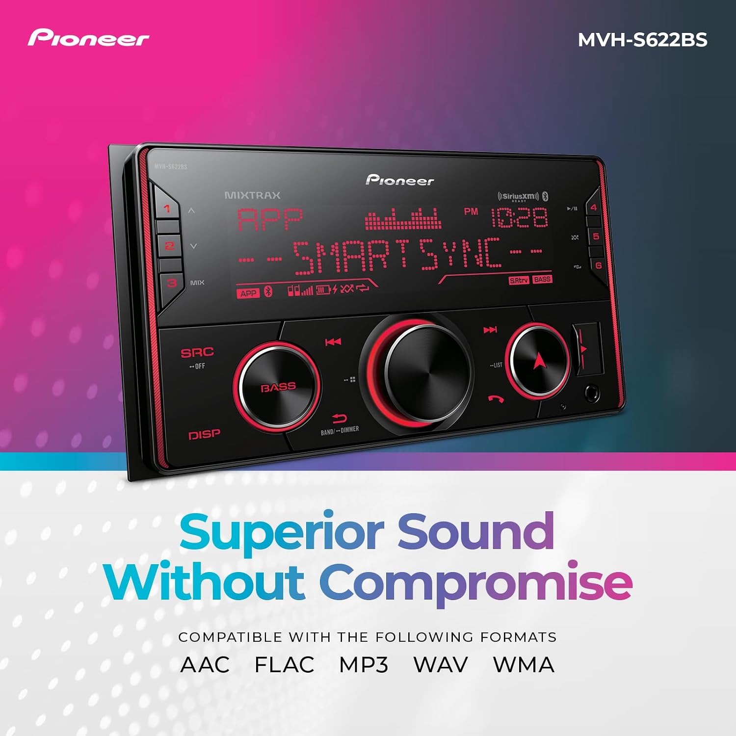 Pioneer MVH-S622BS Double Din Digital Media Receiver – Bluetooth, SiriusXM, Color Change, USB, FLAC, Voice Control, 50W x 4 Output, 13-Band EQ, AM/FM Radio, Hi-Volt RCA Preouts