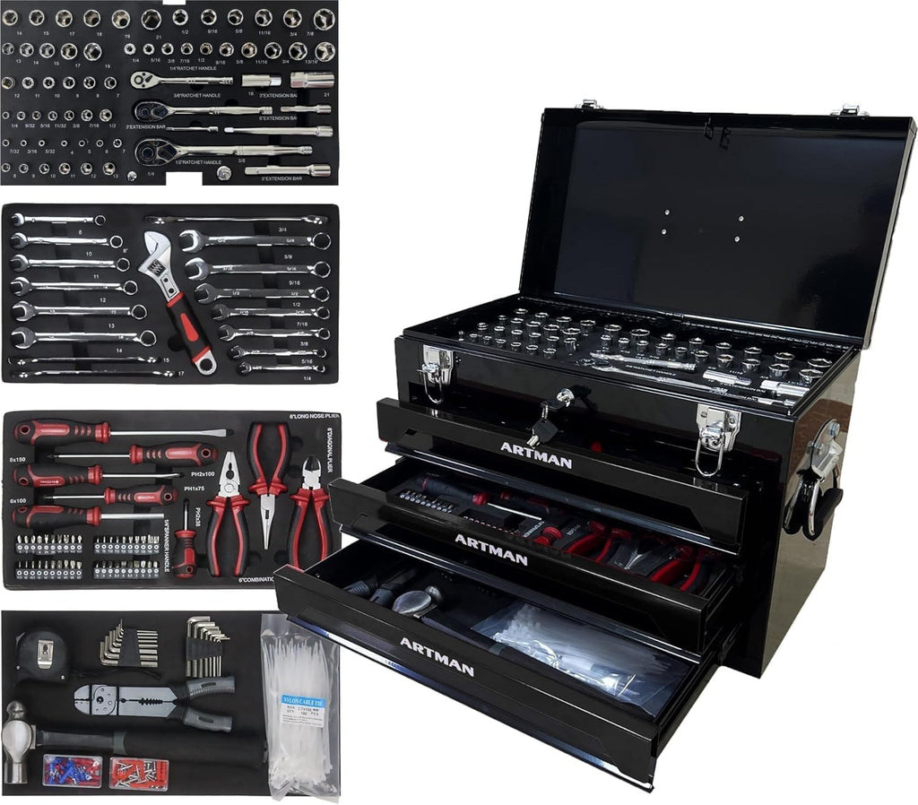 tool box with tools, tool set mechanics kit, 439 piece tool set, socket wrench set, mechanic tool set, heavy duty tool box, home tool kit, automotive tools, DIY tool set (439pcs-black)