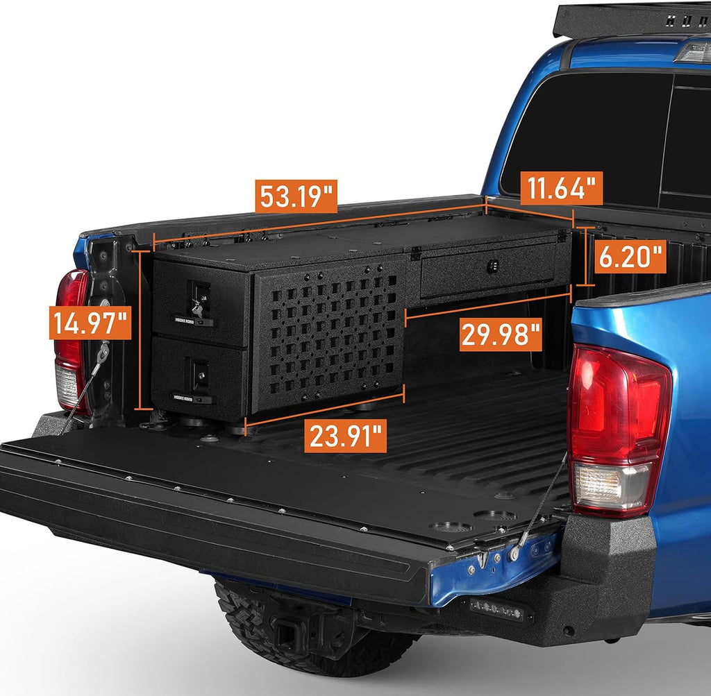 Hooke Road Truck Bed Wheel Well Tool Box with MOLLE Panel for Jeep Gladiator JT, Toyota Tacoma, Chevy Colorado & GMC Canyon 5'2' Bed, Solid Steel Storage Box with Drawer and Lock Keys