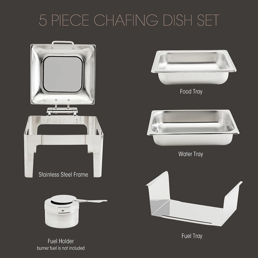 Denmark Tools for Cooks Celebrations Cookware Collection 5 Piece 6.3-Quart Heavy Gauge Stainless Steel Square Chafing Dish Set with Hydraulic Soft Close Glass Lid for Entertaining & Catering