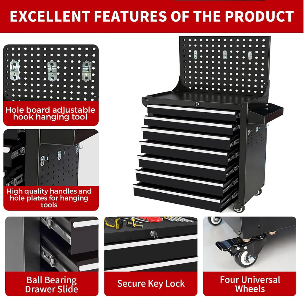 7 Drawers Rolling Tool Chest, Metal Tool Box with Wheels & Lock, Tool Drawers Garage Tool Storage Cabinets Organizer Rolling Cart Toolbox on Wheels for Garage, Workshop, Repair Shop(Assembly Required)