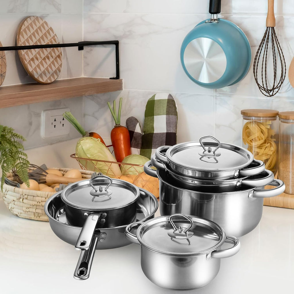 KALLORY 15pcs Stainless Steel Cookware Set with Composite Bottom, Induction Compatible Pots and Pans, Includes Lids and Cooking Utensils for Gas, Electric Stoves and Kitchen Use