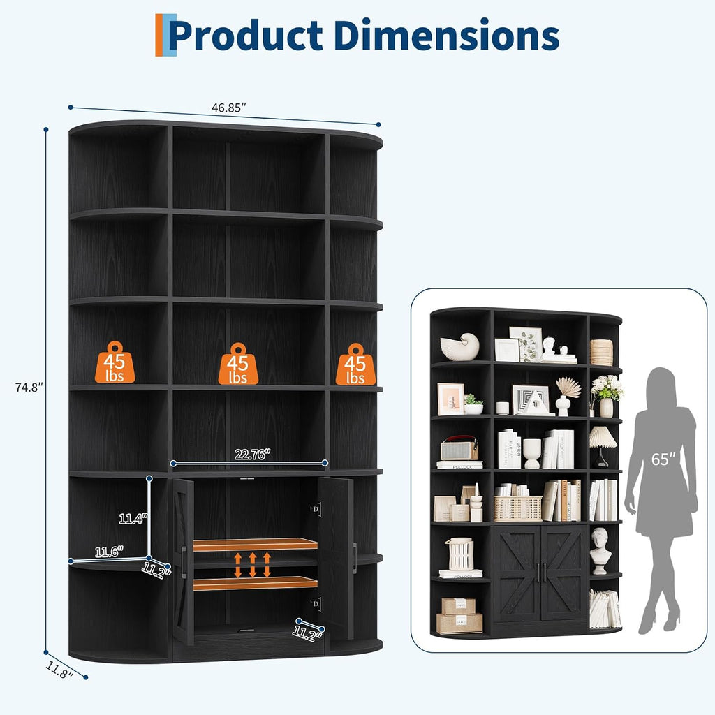 IDEALHOUSE 75in Tall Bookshelf with Storage, 6-Tier 47' Wide Modern Farmhouse Standing Bookcase Cabinet Display Shelf Organizer for Home Office Living Room Bedroom, Black