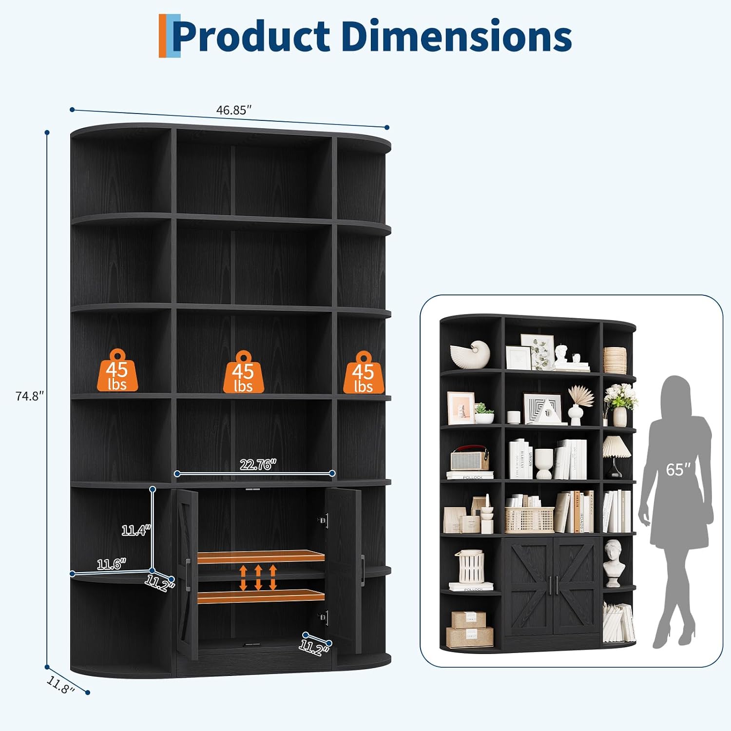 IDEALHOUSE 75in Tall Bookshelf with Storage, 6-Tier 47' Wide Modern Farmhouse Standing Bookcase Cabinet Display Shelf Organizer for Home Office Living Room Bedroom, Black