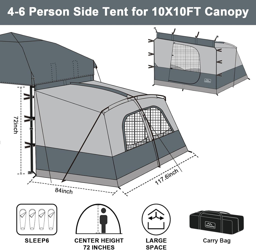 KAMPKEEPER Canopy Side Tent,4-6 Person Camping Cube Tent for 10x10 Pop Up Canopies,Easy Up Gazebo with Window,Compatible with 10' Wide Canopy Tents