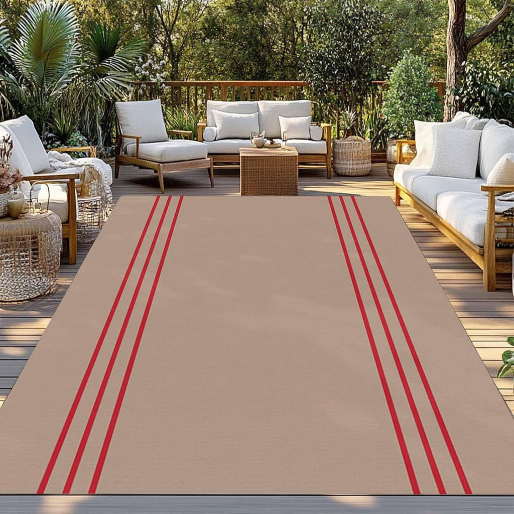 Outdoor Rug 4x6ft Vintage Red Line Stripes Patio Area Rugs Waterproof Easy Cleaning Non Shedding Thick Mats Brown Carpet for Indoor Outdoor Porch Deck Backyard Balcony