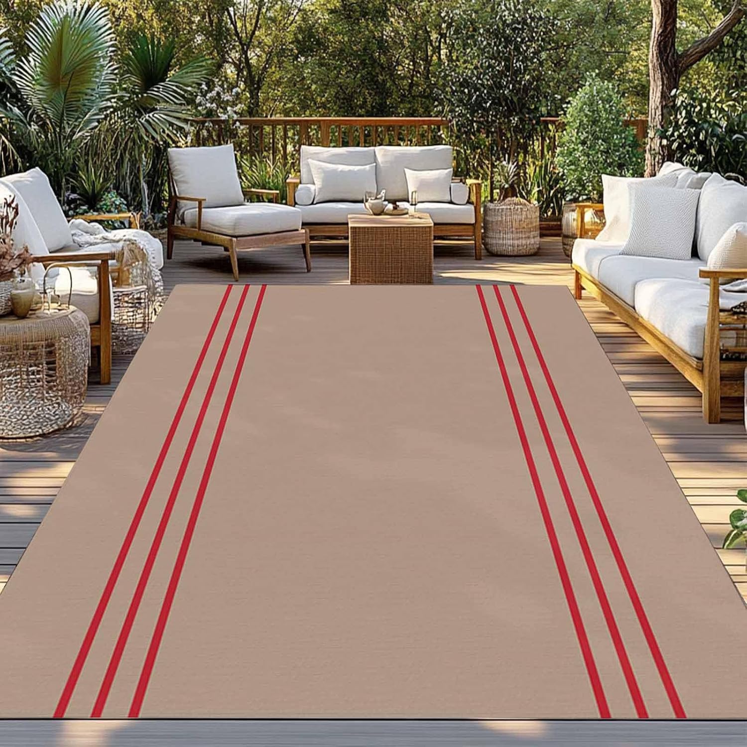 Outdoor Rug 4x6ft Vintage Red Line Stripes Patio Area Rugs Waterproof Easy Cleaning Non Shedding Thick Mats Brown Carpet for Indoor Outdoor Porch Deck Backyard Balcony