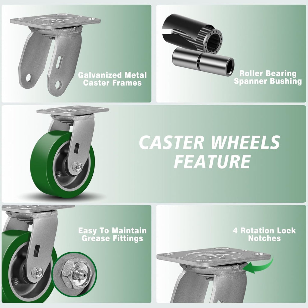 5'X2' Caster Wheels, Heavy Duty Casters Set of 4, Aluminum Core Thickened Polyurethane Industrial Casters for Toolbox Workbench, 4000 Lbs Total Capacity (2 Swivel & 2 Rigid