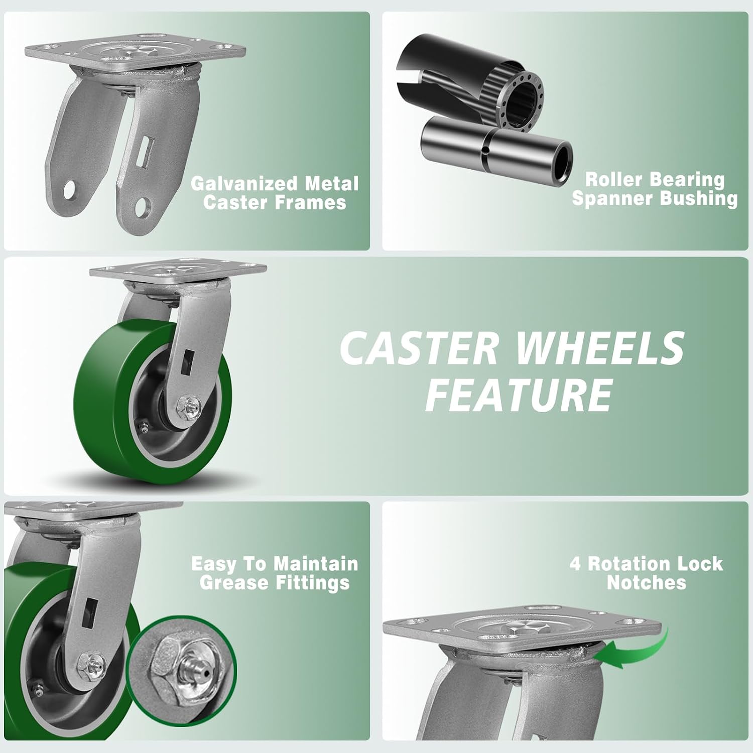 5'X2' Caster Wheels, Heavy Duty Casters Set of 4, Aluminum Core Thickened Polyurethane Industrial Casters for Toolbox Workbench, 4000 Lbs Total Capacity (2 Swivel & 2 Rigid