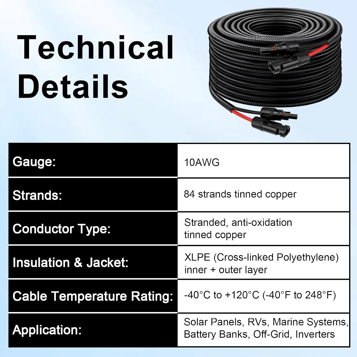 XRDS -RF Solar Panel Cable 100FT, 10AWG Solar Extension Cable with Male & Female Solar Connectors, Flame-Retardant Protective Sleeving Solar Cable, Weatherproof PV Wire for Solar Panel Connection