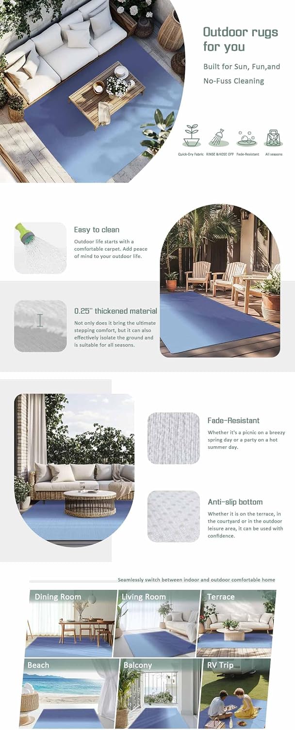 Outdoor Rug 4x6ft Patio Area Rugs Waterproof Easy Cleaning Non Shedding Thick Mats Carpet for Indoor Outdoor Porch Deck Backyard Balcony