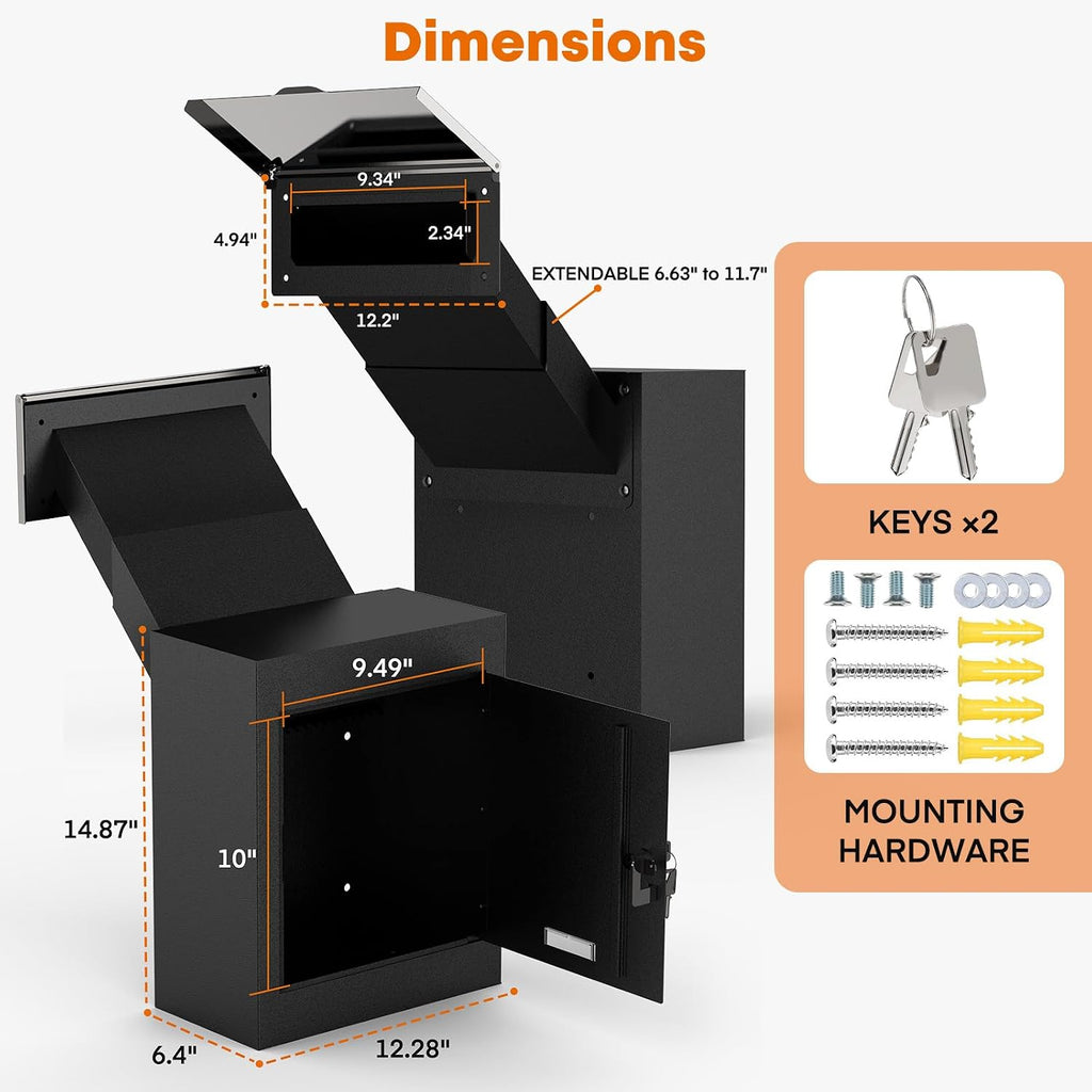 Through-The-Wall Locking Drop Box with Adjustable Chute, Heavy Duty Steel | Rainproof Mailbox for Mail, Checks, Cash, Keys & Rent, Fits 6.63'-11.7' Walls, Anti-Fishing Secure Lock, Black