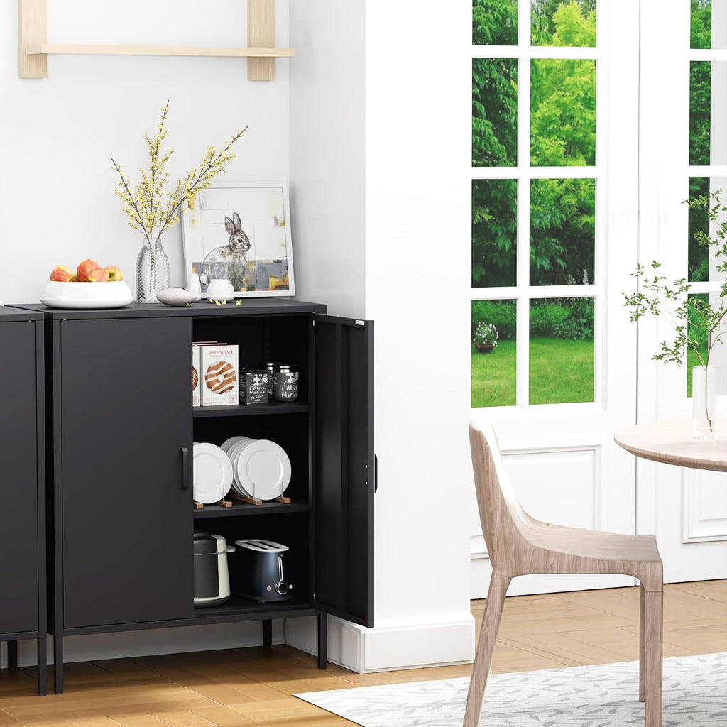 Ustamio 2 Door Metal Storage Cabinet with 2 Shelves, 3 Tier Garage Storage Locker Cabinet for Home, Entryway, Hallway and Office, Assembly Required, Black, (LC-CSG)