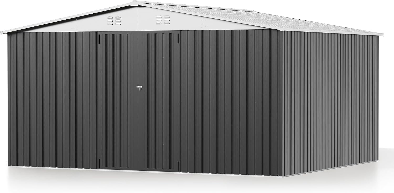 14 x 12FT Outdoor Storage Shed, Metal Waterproof Storage Shed Steel Utility Garden Tool Shed with Door & Lock Outdoor Storage,All-Weather Shelter for Bike, Gardening Tools, Lawn Mowers,White