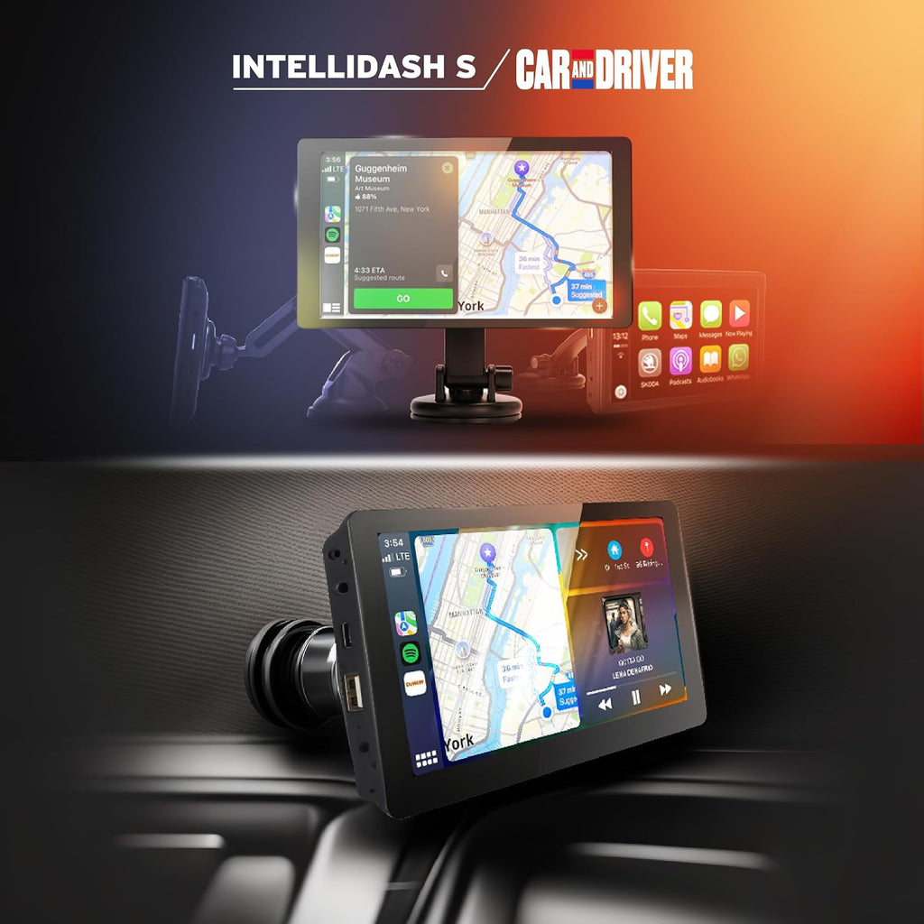 Car and Driver INTELLIDASH 7' HD Touchscreen – Portable Apple CarPlay Wireless Android Auto Screen for Car, Bluetooth Stereo, Backup Camera Support, Mirror Link, GPS Navigation, Siri, Google, SiriusXM