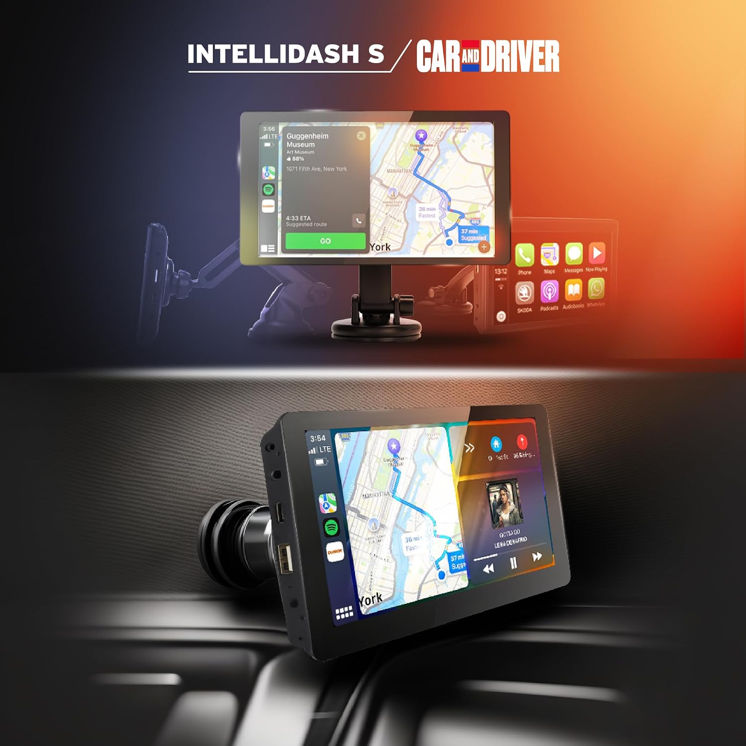 Car and Driver INTELLIDASH 7' HD Touchscreen – Portable Apple CarPlay Wireless Android Auto Screen for Car, Bluetooth Stereo, Backup Camera Support, Mirror Link, GPS Navigation, Siri, Google, SiriusXM
