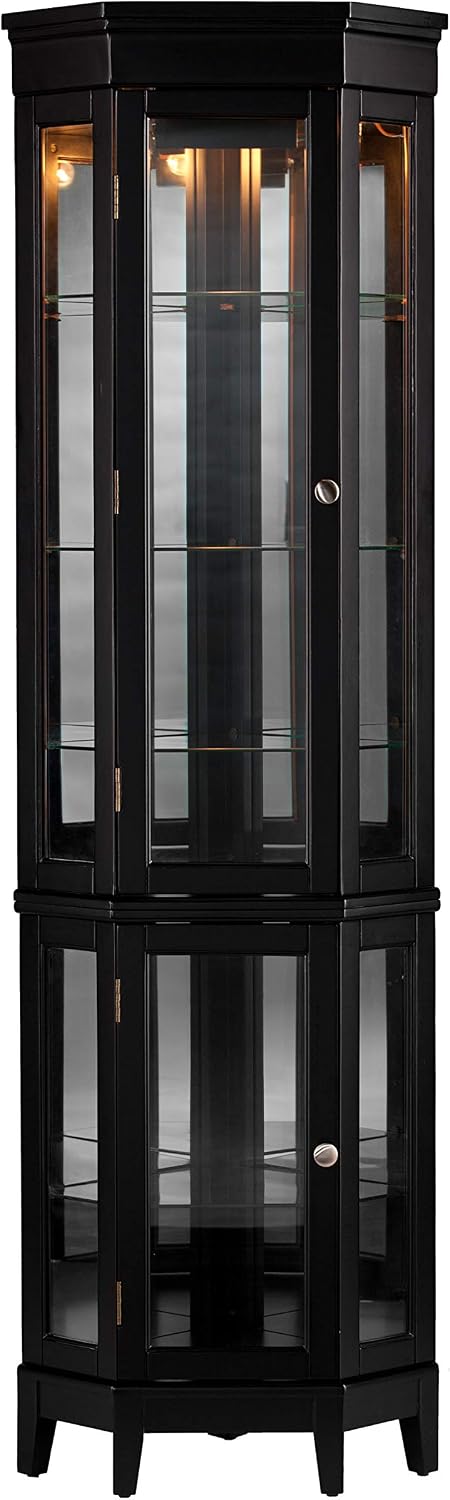 SEI Furniture Essex Corner Curio Cabinet - Adjustable Glass Shelves - 2 Tier With Black Finish, Transitional Style Pine, Black