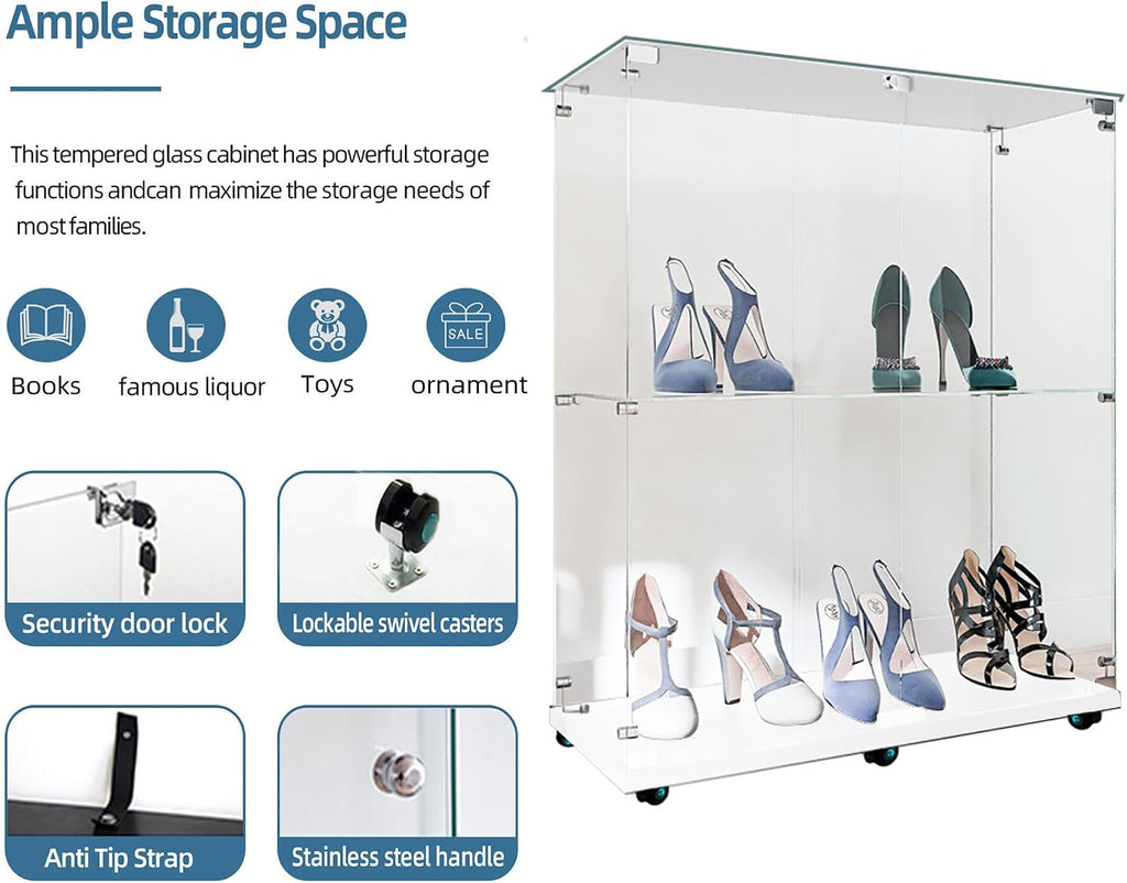 34.17' Tall Tempered Glass Display Cabinet with LED Lights&Rolling Wheels, Curio Cabinet with 2 Shelves with 2 Door, Quick-Install Style Floor Standing Bookshelf File Cabinet for Living Room Office