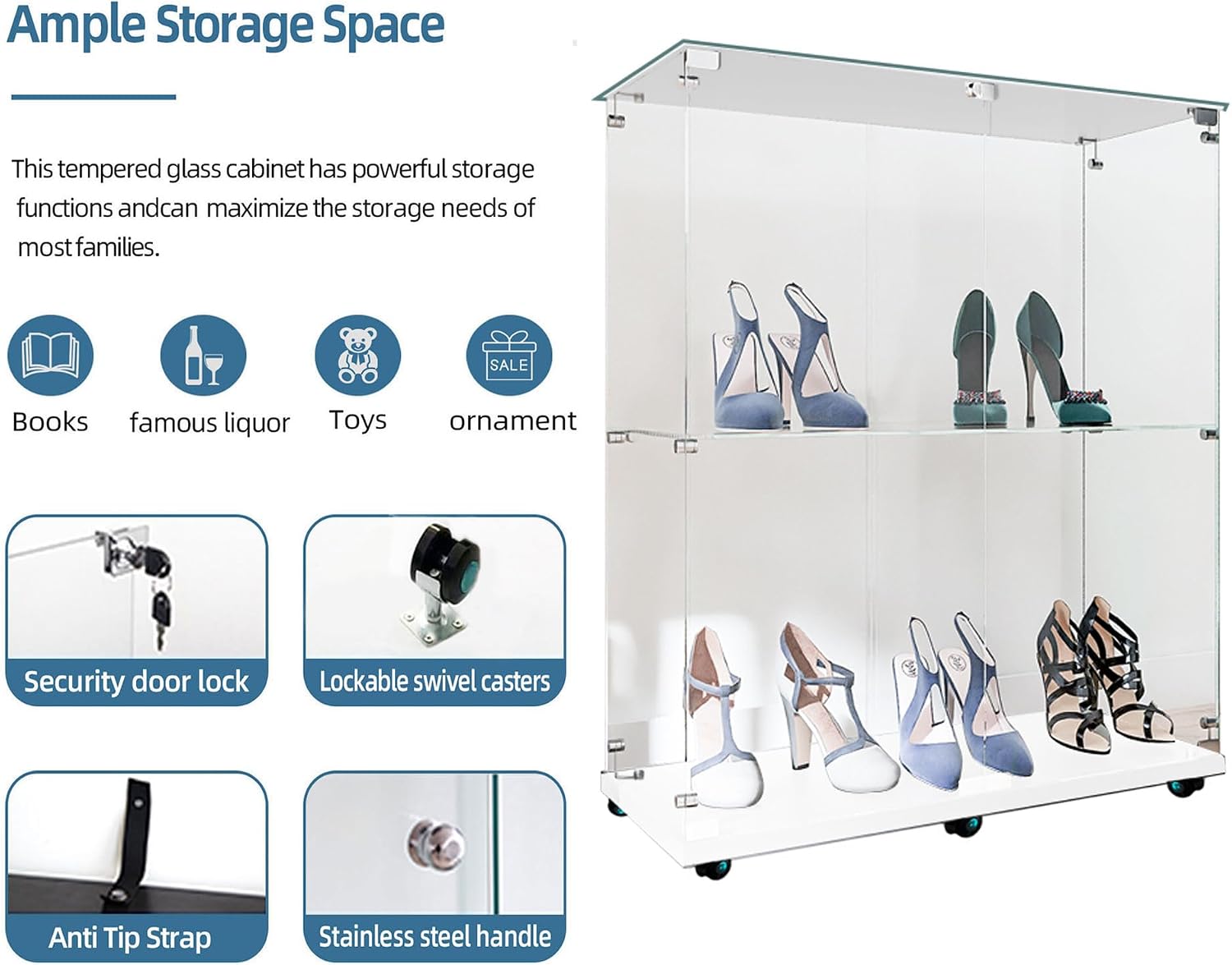 34.17' Tall Tempered Glass Display Cabinet with LED Lights&Rolling Wheels, Curio Cabinet with 2 Shelves with 2 Door, Quick-Install Style Floor Standing Bookshelf File Cabinet for Living Room Office