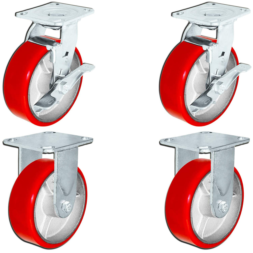 CasterHQ Set of 4 Heavy Duty Casters - 5' x 2' Heavy Duty Caster Set with Red Polyurethane on Steel Wheels, 1,100 pounds Capacity per Caster, 5' Size (Set of 4),Shop/Warehouse Toolbox Replacement