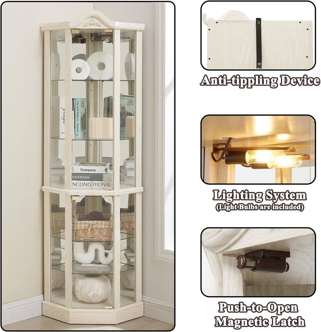 71' H Lighted Corner Display Cabinet, 6-Tier Wooden Curio Glass Cabinet with Adjustable Shelves, Carved Crown Decoration Corner Storage Display Case with Mirrored Back Pane (Antique White)