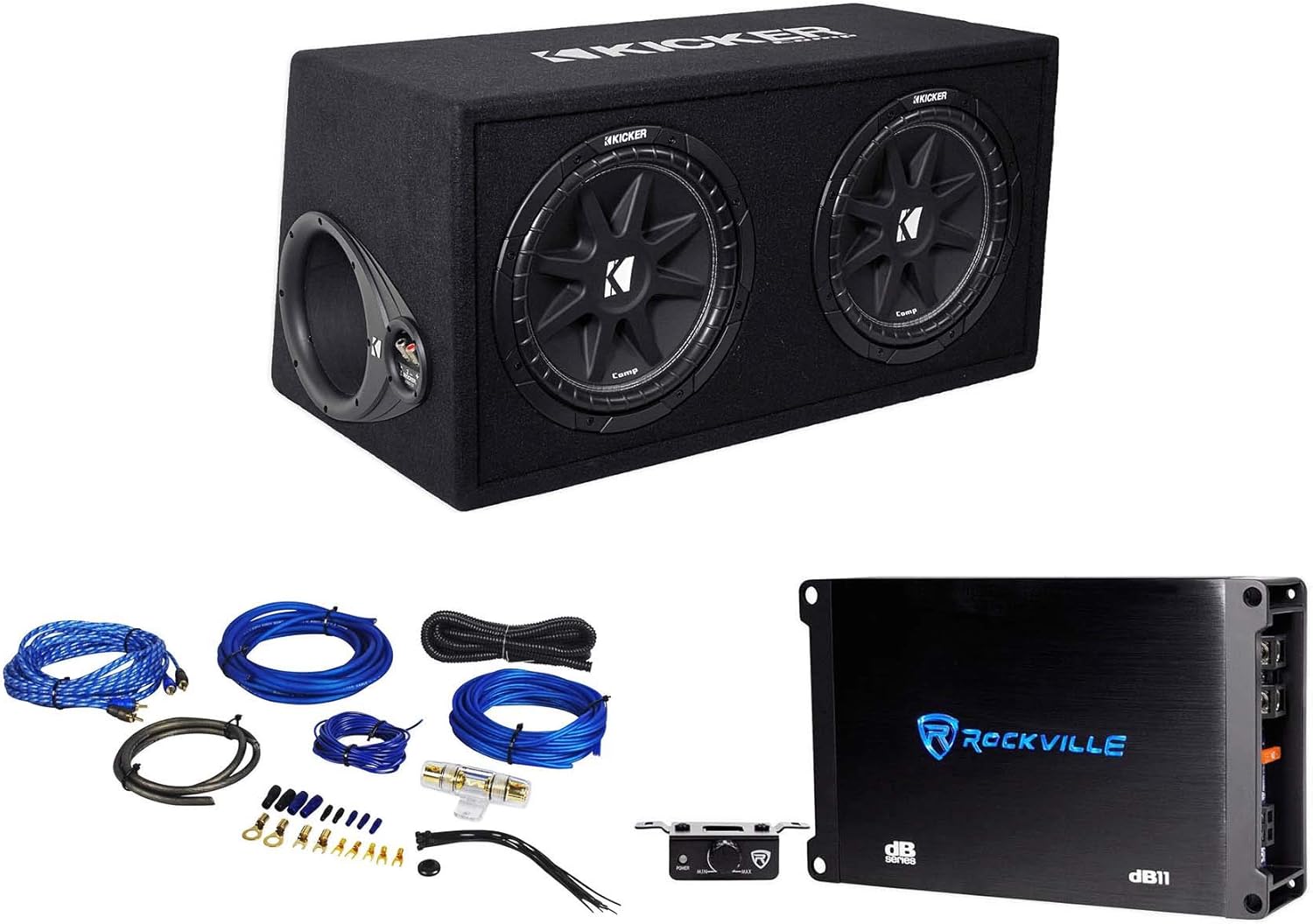 Kicker 43DC122 Comp Dual 12' Subwoofers in Vented Sub Box Enclosure, 2-Ohm Bundle with Rockville dB11 1400W Peak Mono 2-Ohm Car Amp and Bass Remote and RWK81 8 Gauge Amp Installation Kit