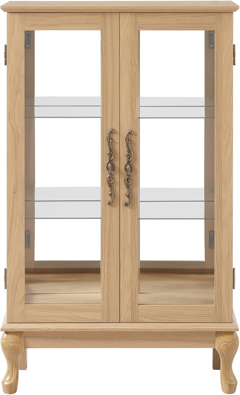 44' Small LED Glass Accent Curio Cabinet, Vintage China Cage with 2 Tempered Glass Doors & Adjustable Shelves, Acrylic Mirrored Pane, Elegant Wine Artwork Showcase for Living Room/Kitchen (Oak - LED)